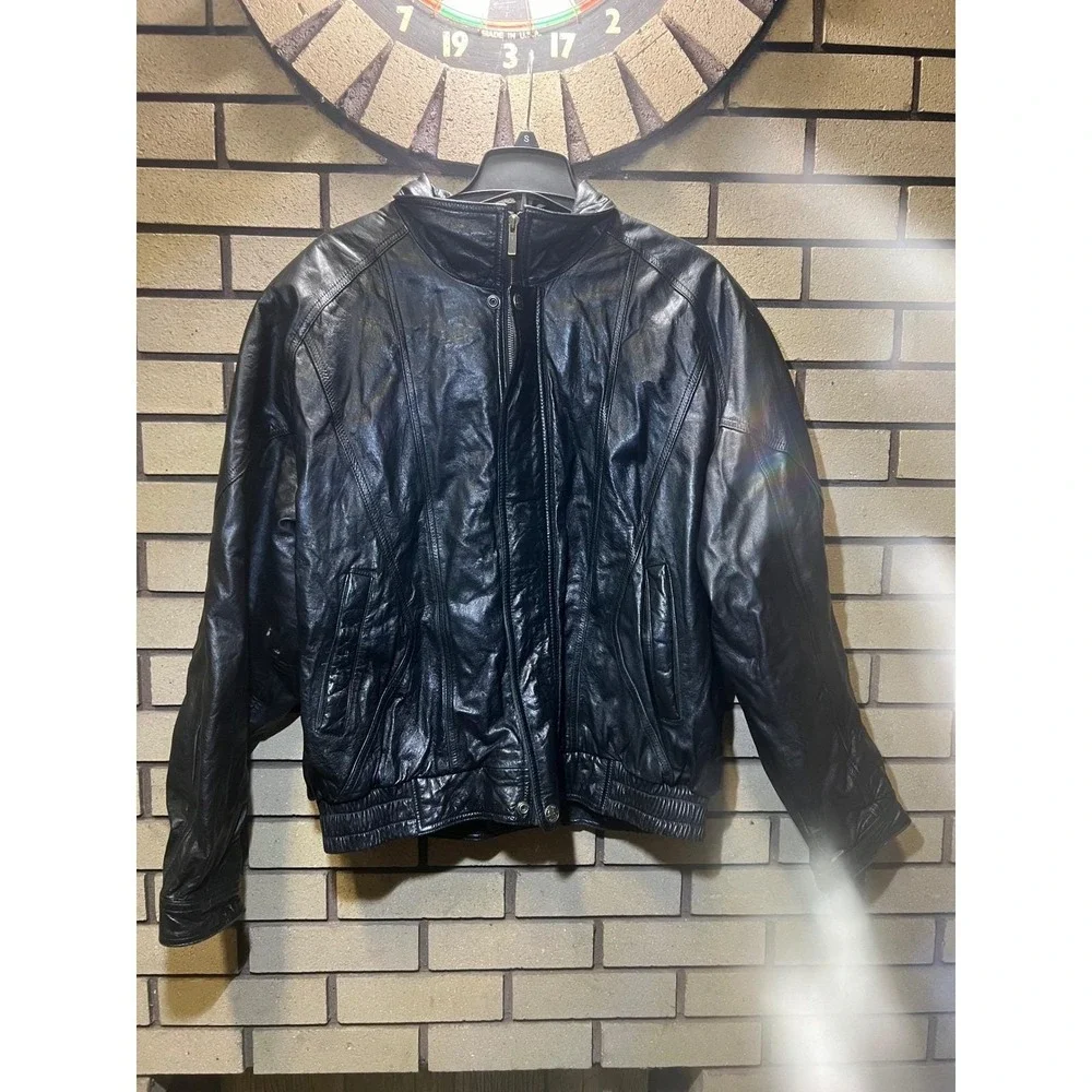 VTG Wilsons Leather Experts Mens Black Genuine Leather‎ Bomber Jacket Lined XL